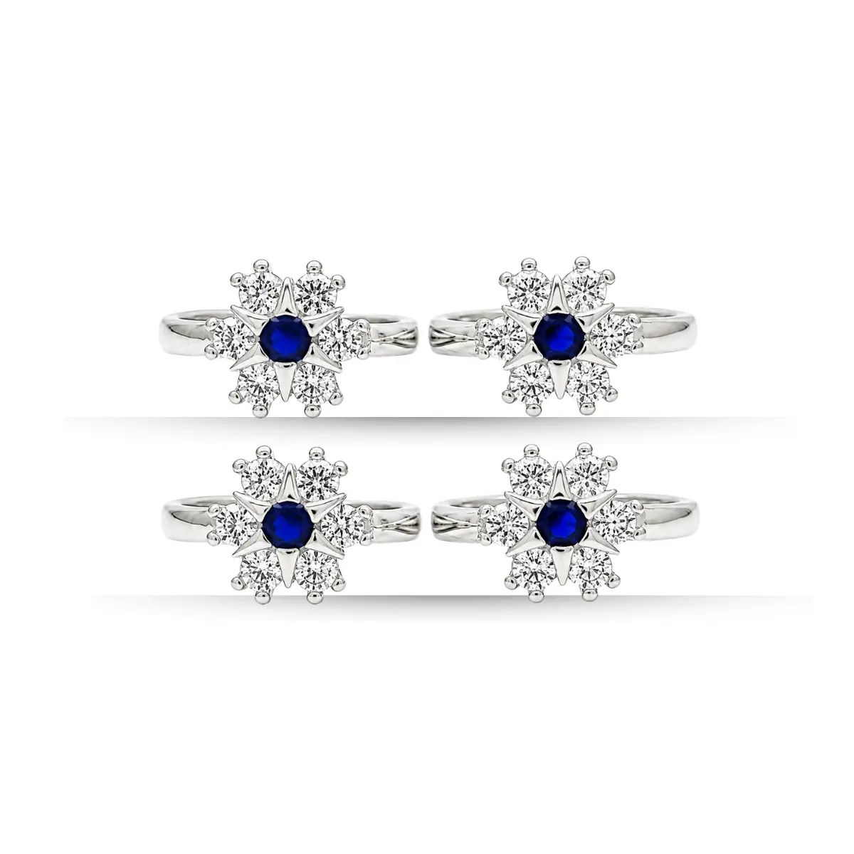 925 Sterling Silver Toe Ring Pair Of 2 Blue Stone Floral For Women